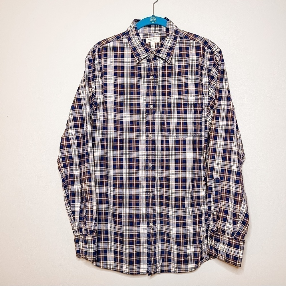 Sonoma Blue & Brown Plaid 100% Cotton Front Pocket Dress Shirt Medium